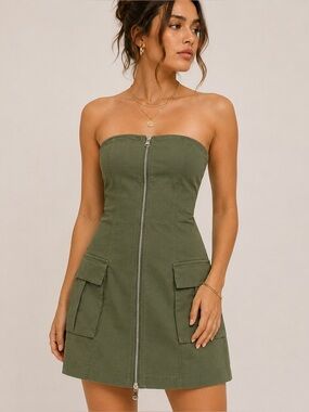 Honey Peach 100% Cotton Olive Green Strapless Cargo Utility Mini Dress Size L